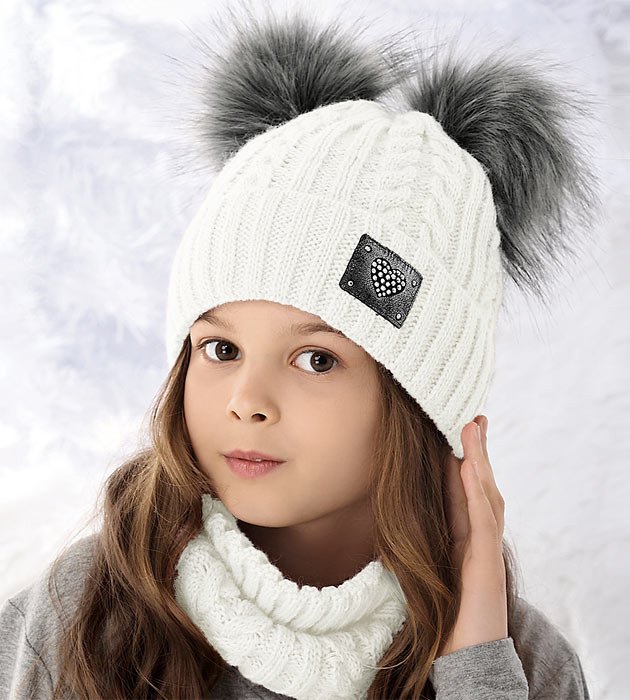 Zimowy komplet dla dziewczynki, czapka i komin, z dwoma pomponami, biały, Juana rozm. 48-50 cm