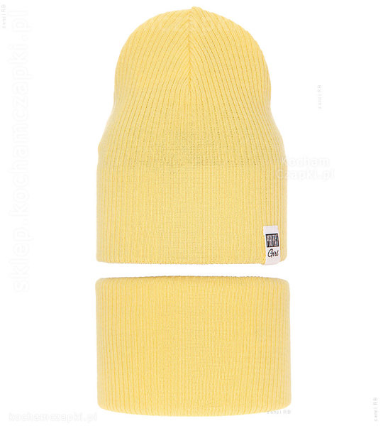 Żółta czapka i komin, komplet Rafinka prążek  rozm. 46-50 cm